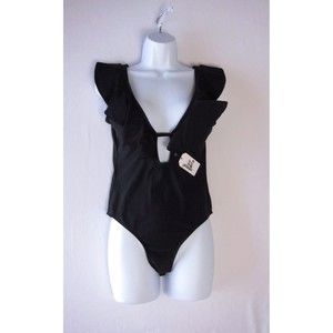 Sportlike Solid Black Ruffle One Piece Swimsuit Padded Soft Cup Bra Size S